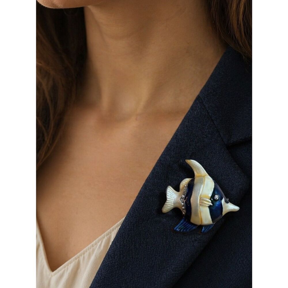 Vintage French Fish Brooch - Cream and Blue